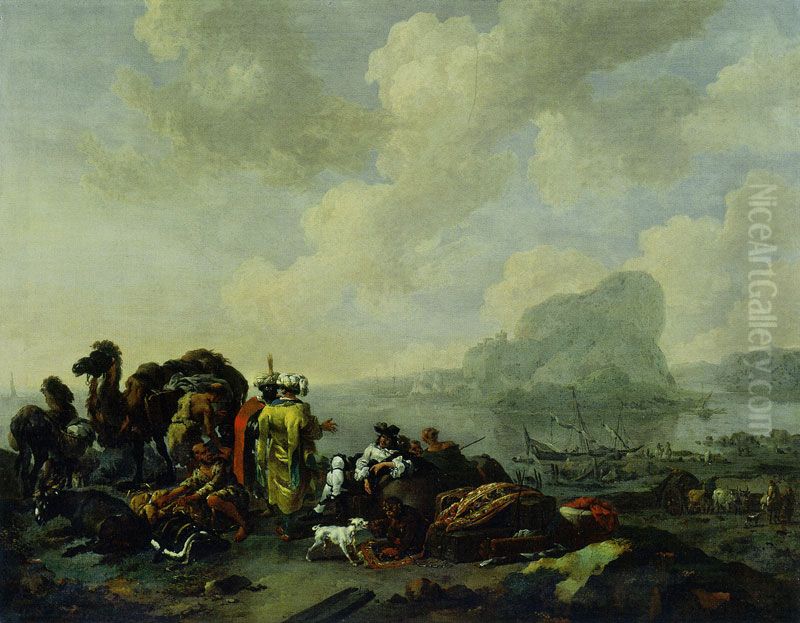 Riverbank with Oriental Merchants Oil Painting by Nicolaes Pieterszoon Berchem