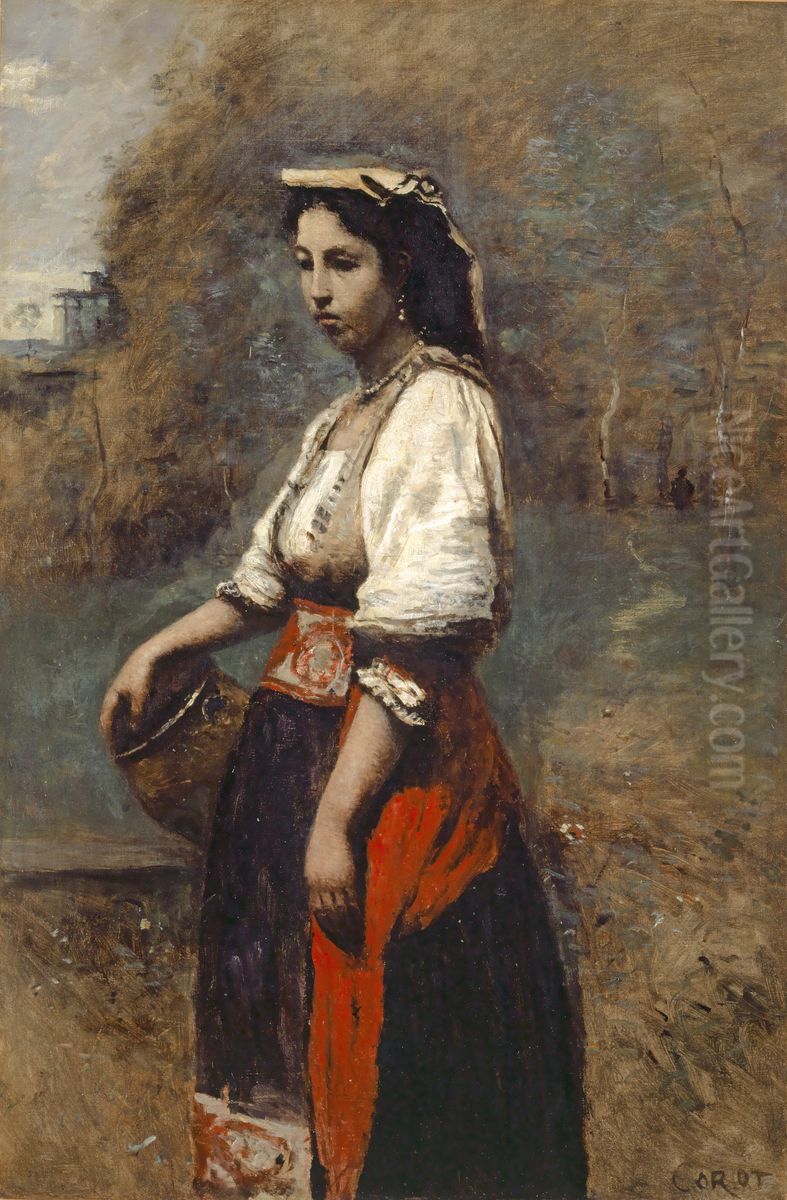 Italian woman at the fountain Oil Painting by Jean-Baptiste Camille Corot