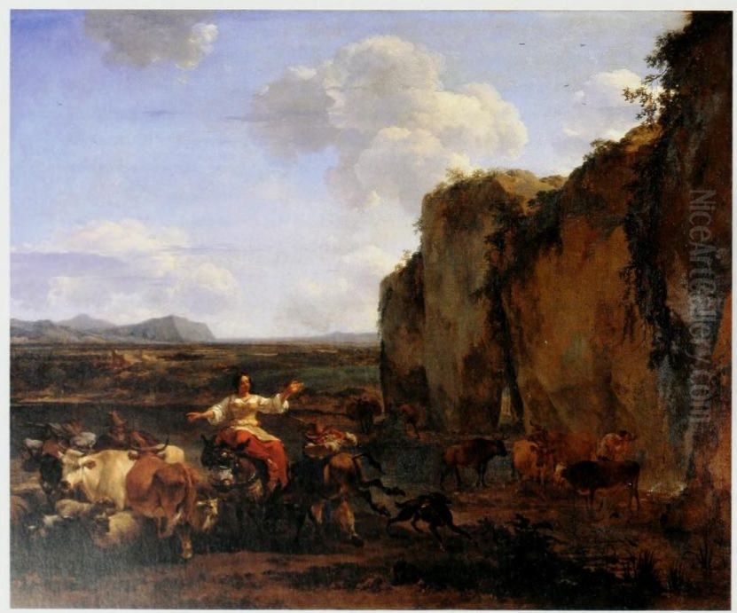 Italianate Landscape with Stubborn Donkey Oil Painting by Nicolaes Pieterszoon Berchem