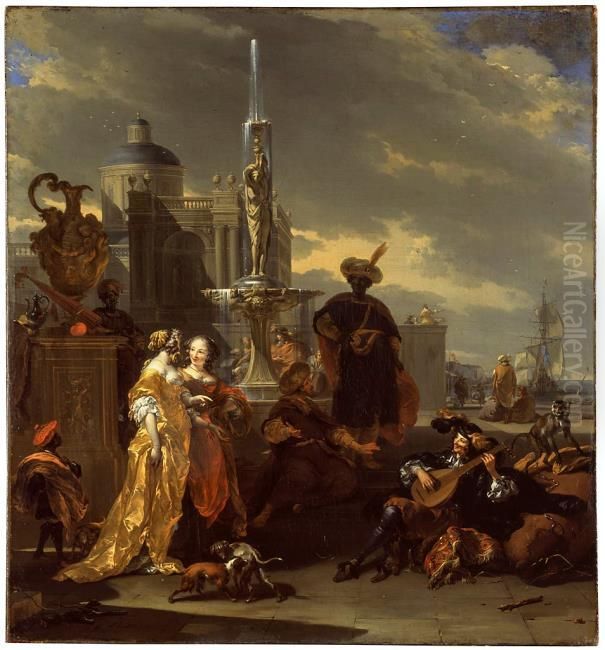 Elegant company in a mediterranean harbour Oil Painting by Nicolaes Pieterszoon Berchem