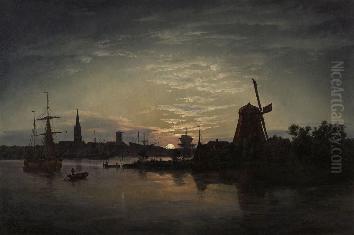 Swinoujscie in the moonlight Oil Painting by Johan Wilhelm Ludwig Dahl