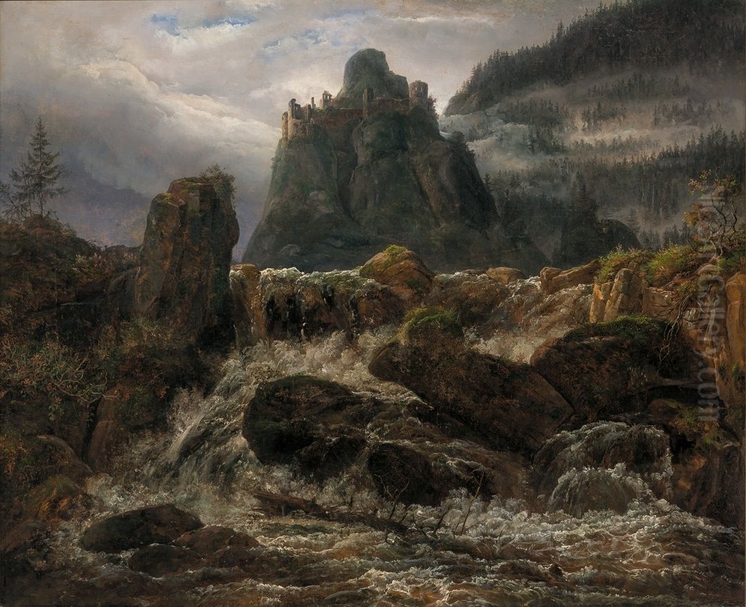 Waterfall with a Castle Ruin Oil Painting by Johan Wilhelm Ludwig Dahl
