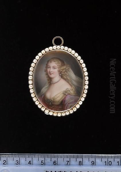 A Lady, Wearing Pink Dress With Voluminous Sleeves And Gold Kerchief Both With Elaborate Pearl Decoration, Pearls Also Adorn Her Neck And Ear, Veil Worn In Her Curled Blonde Hair. Oil Painting by Fanny Charrin