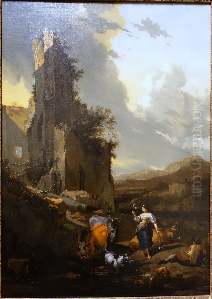 Zuidelijk landschap met spinnende vrouw en liggende herder bij een drenkplaats aan de voet van een ruine Oil Painting by Nicolaes Pieterszoon Berchem