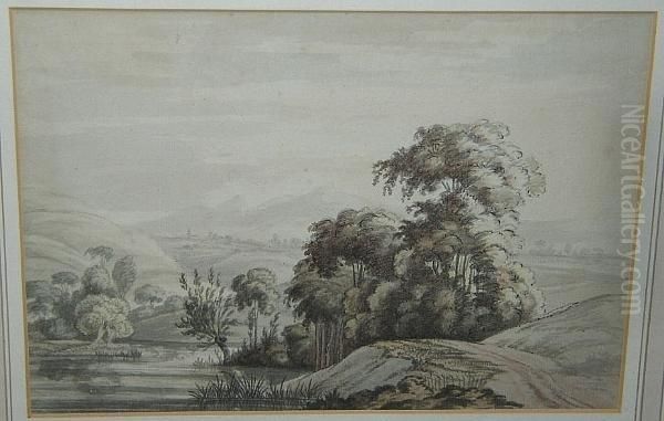 Tree Lined River Oil Painting by Jean-Baptiste Claude Chatelain