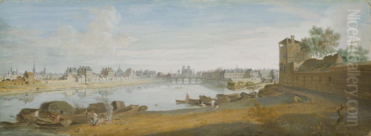 A View Of Paris With The Isle Saint-louis And The Cathedral Ofnotre-dame, Seen From The Seine Oil Painting by Jean Chaufourier