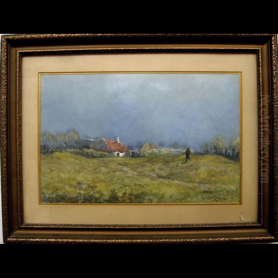 Figure Strolling By Cottages Oil Painting by George Chauvignaud