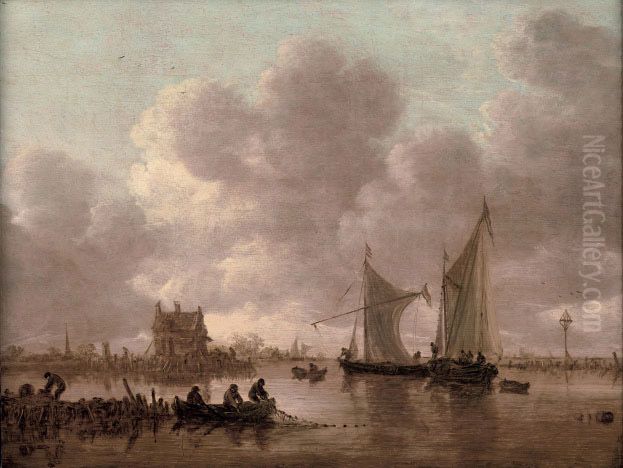 River landscape with ships on the Dordtse Kil near the Oude Wachthuis Oil Painting by Jan van Goyen