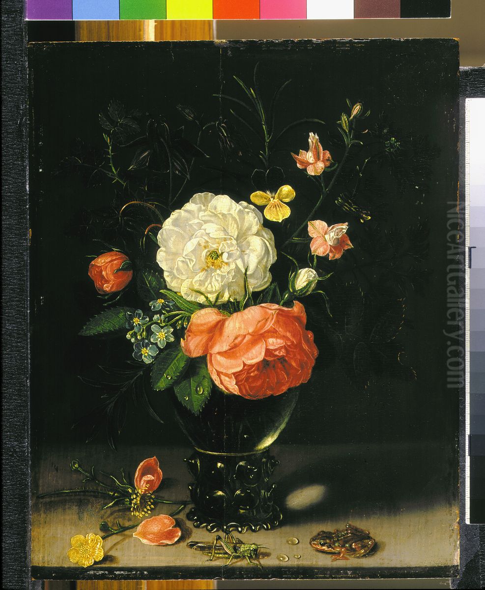 Flowers in a roemer, with a frog and a grashopper, on a stone ledge Oil Painting by Clara Peeters