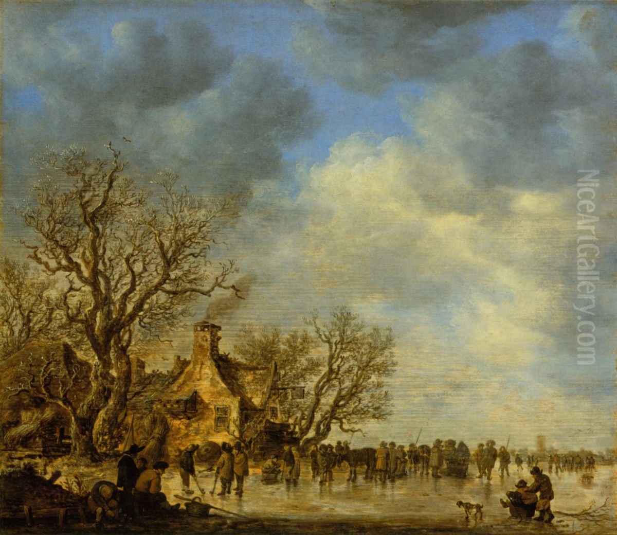 Iceskating before an Inn Oil Painting by Jan van Goyen