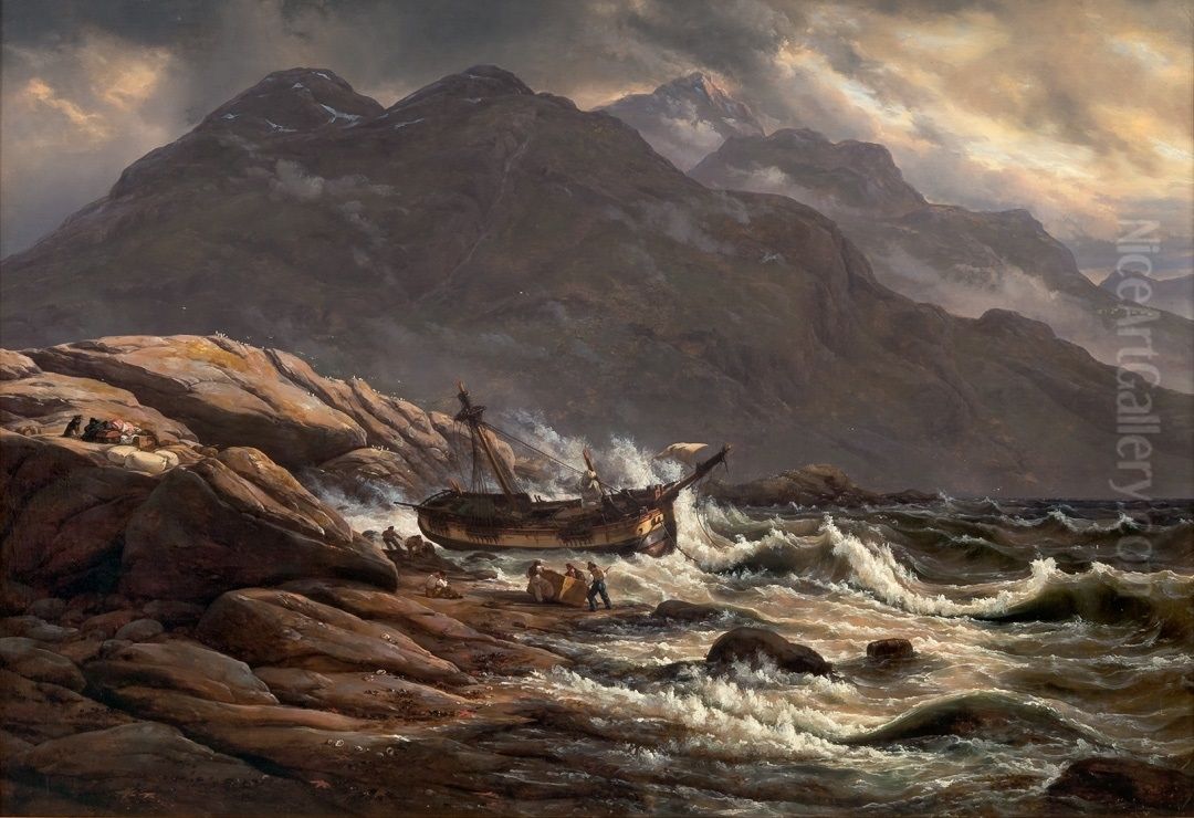 Shipwreck on the Coast of Norway Oil Painting by Johan Wilhelm Ludwig Dahl