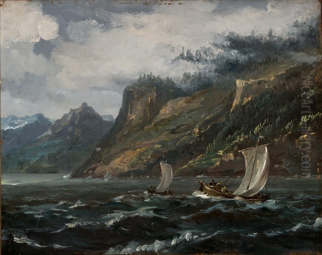 Coastal Landscape with Fishing Boats Oil Painting by Johan Wilhelm Ludwig Dahl