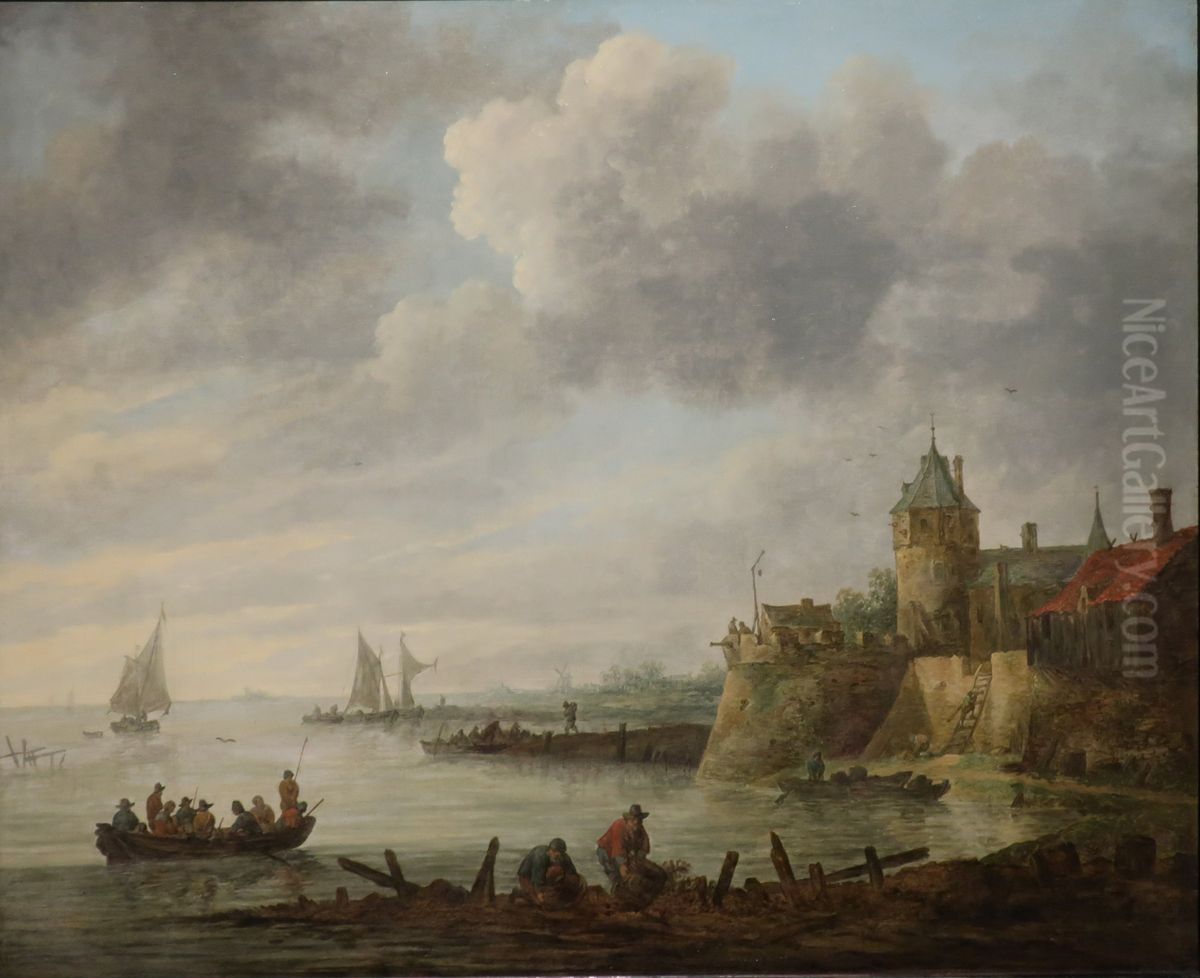 River landscape with a fortified tower Oil Painting by Jan van Goyen