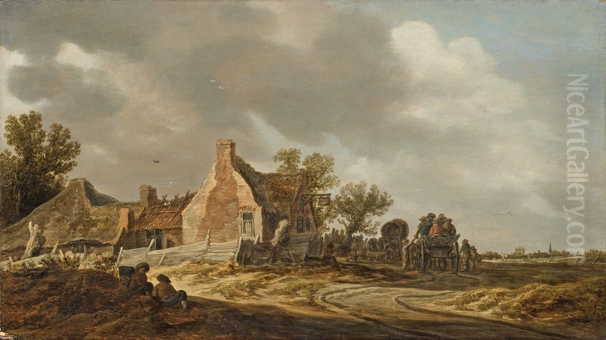 Landscape with carriages before an inn Oil Painting by Jan van Goyen
