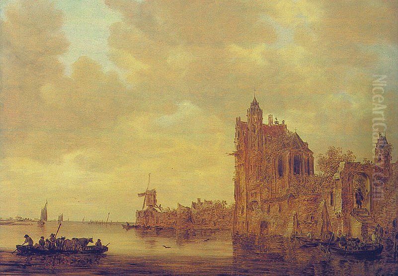 Rivierlandschap met kasteelruine op rechteroever Oil Painting by Jan van Goyen