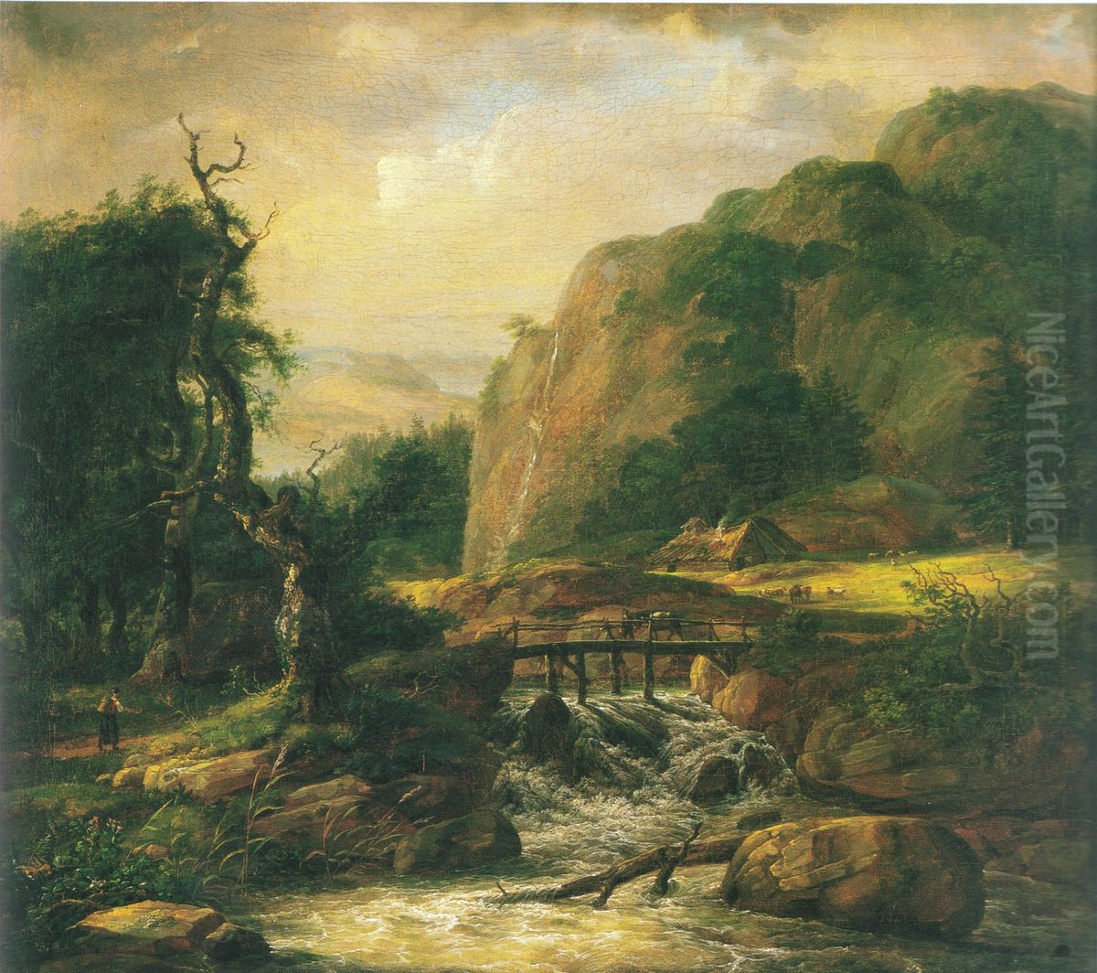 Nordic Landscape with a Bridge Oil Painting by Johan Wilhelm Ludwig Dahl