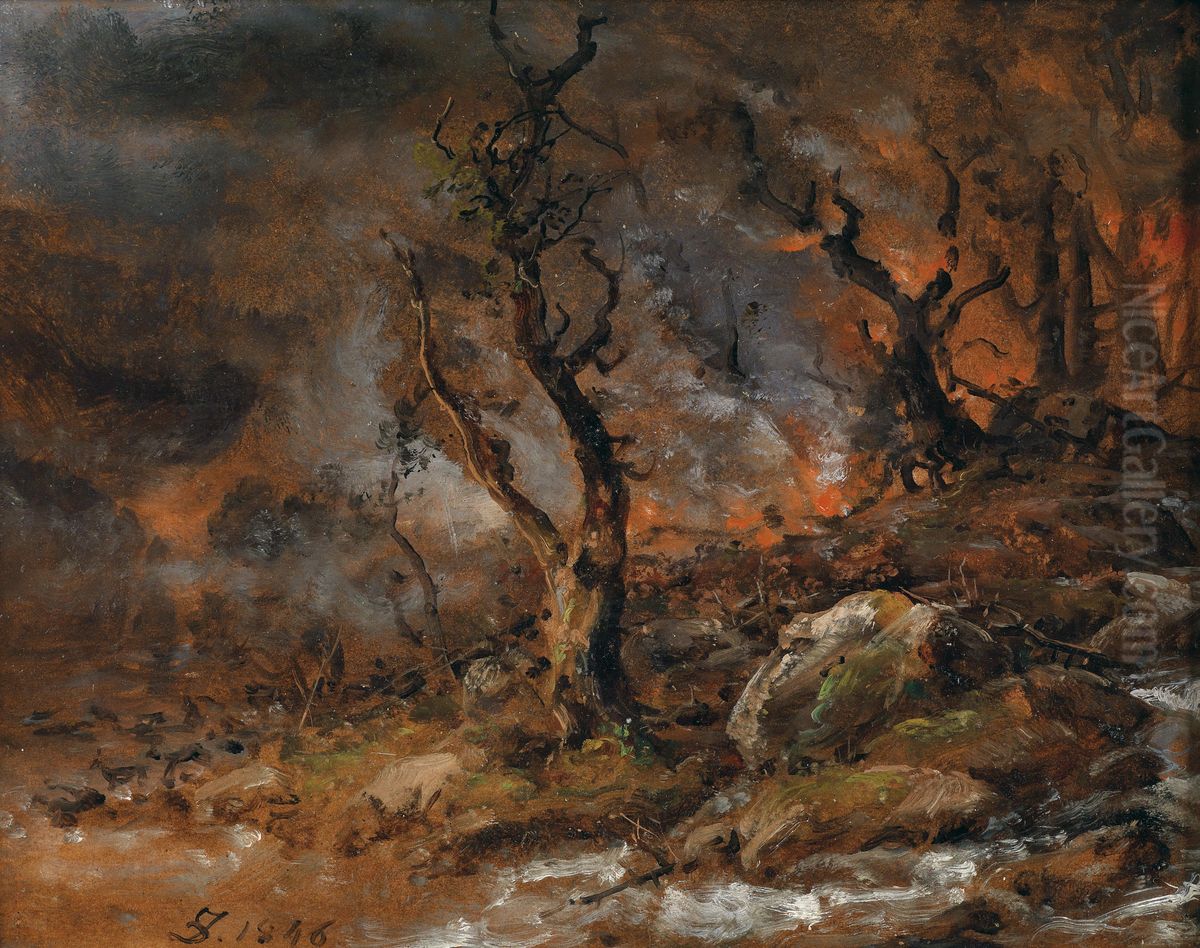 Forest Fire Oil Painting by Johan Wilhelm Ludwig Dahl