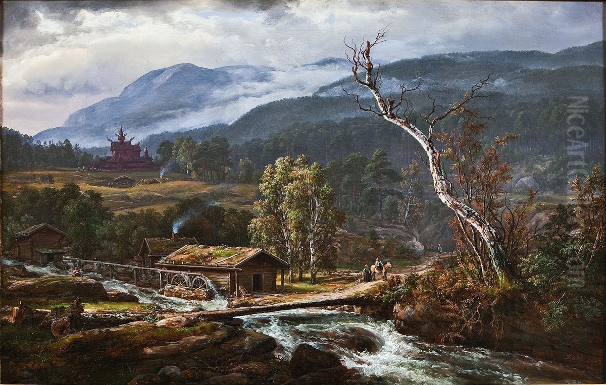 Landskapet pa Kaupanger med stavkyrkje / Landskap med stavkirke Oil Painting by Johan Wilhelm Ludwig Dahl