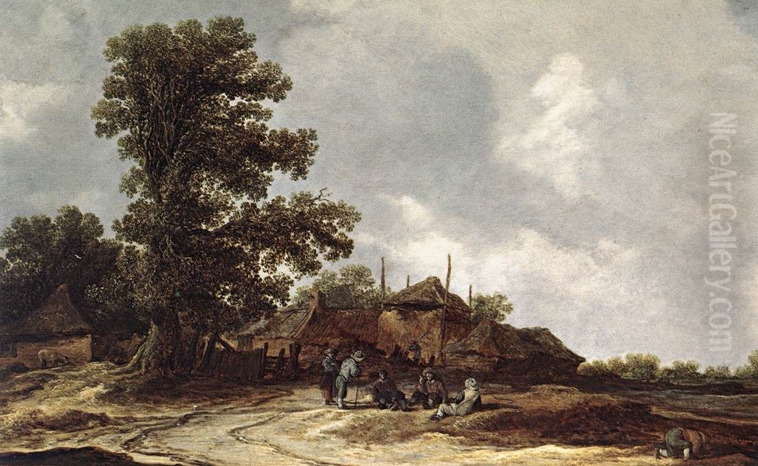Cottages with Haystack by a Muddy Track. Oil Painting by Jan van Goyen