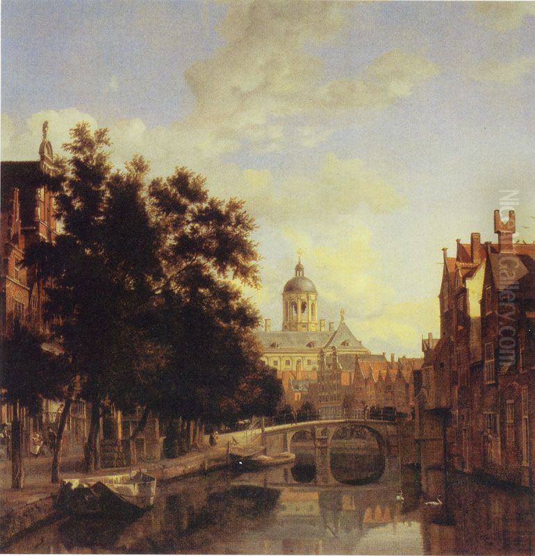 Nieuwezijds Voorburgwal with the Town Hall of Amsterdam Oil Painting by Jan Van Der Heyden