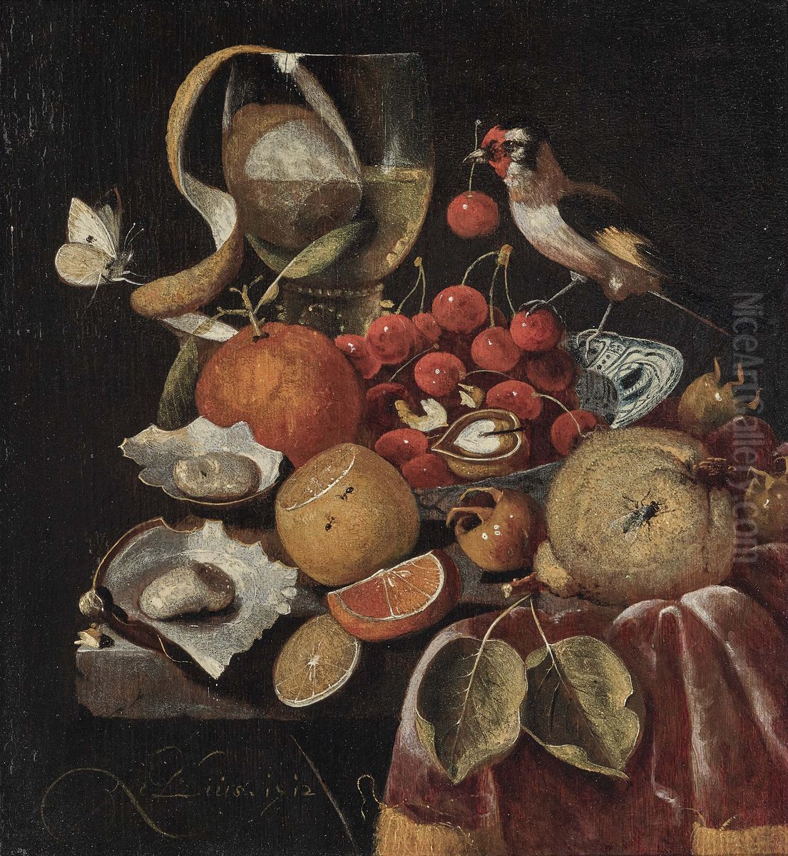 Still life of fruits wirh a goldfinch Oil Painting by Martinus Nellius