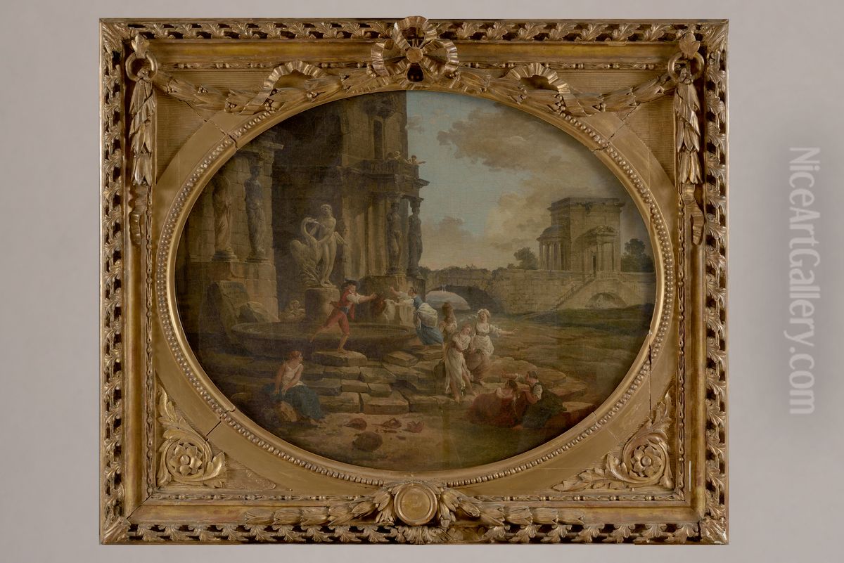 Paysage de ruines avec fontaine et la devise 