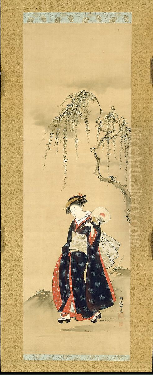 Beauty Beneath a Willow Tree Oil Painting by Isoda Koryusai