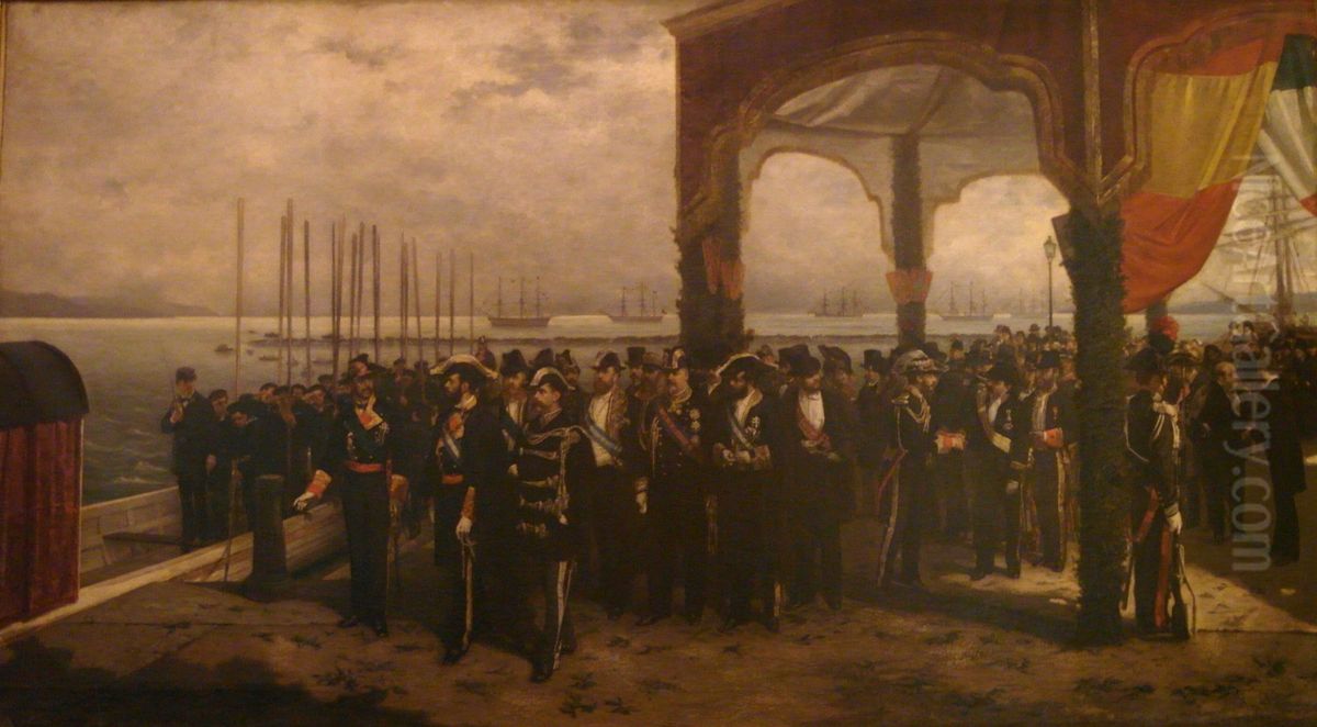 Embarque de Amadeo I de Saboya en el puerto de La Spezia para trasladarse a Espana para tomar posesion del trono. Oil Painting by Luis Alvarez Catala