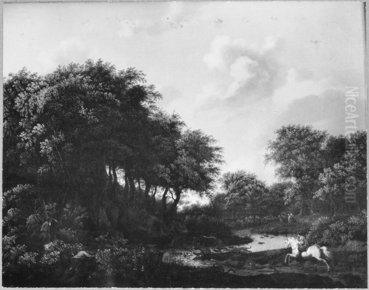 Wooded landscape with a deer hunt Oil Painting by Jan Van Der Heyden