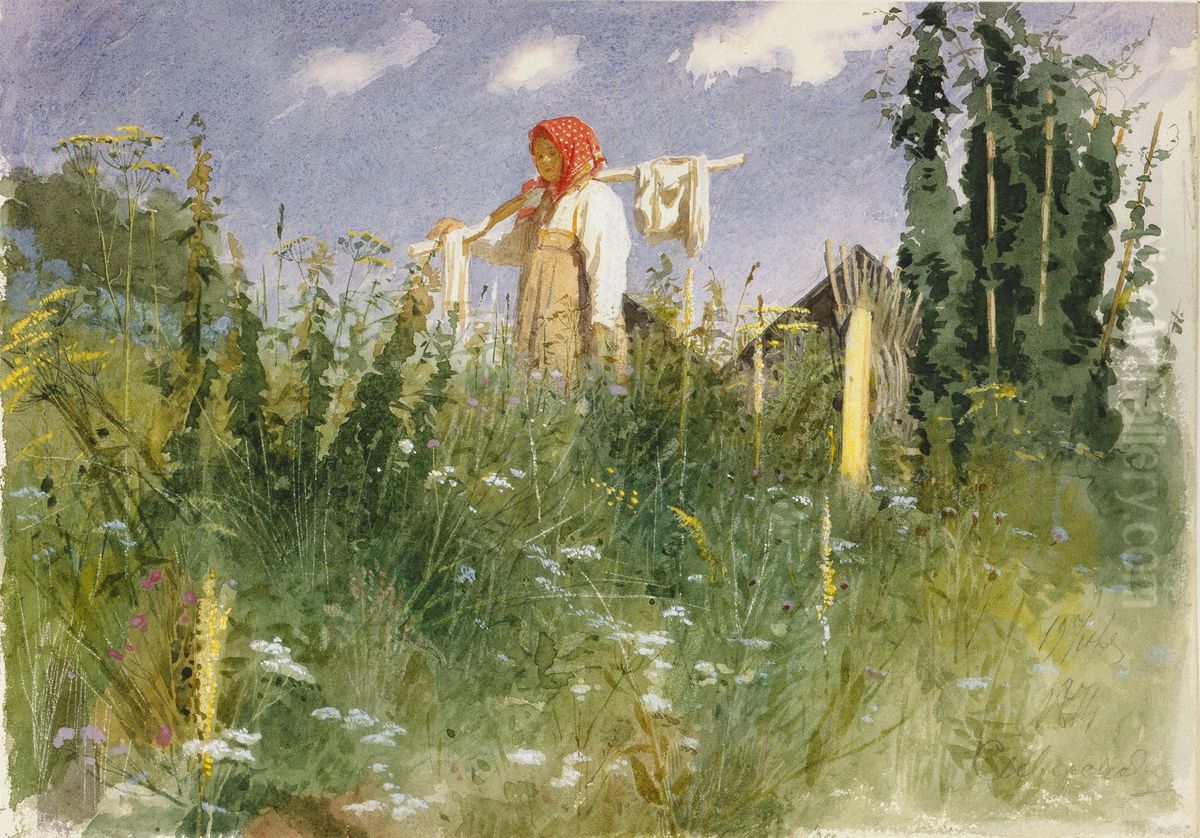 Girl with Washed Linen on the Yoke Oil Painting by Ivan Kramskoi