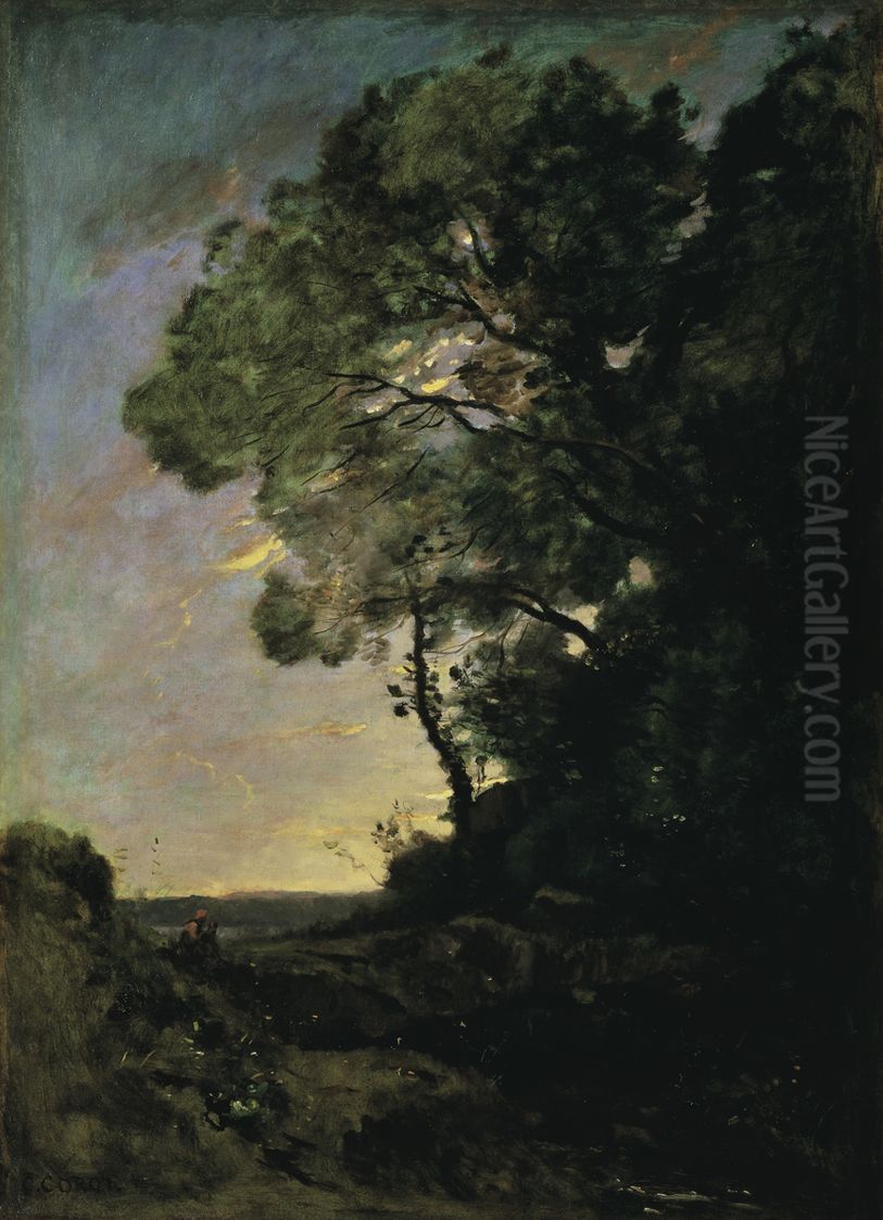 Baumlandschaft (Abend) Oil Painting by Jean-Baptiste Camille Corot