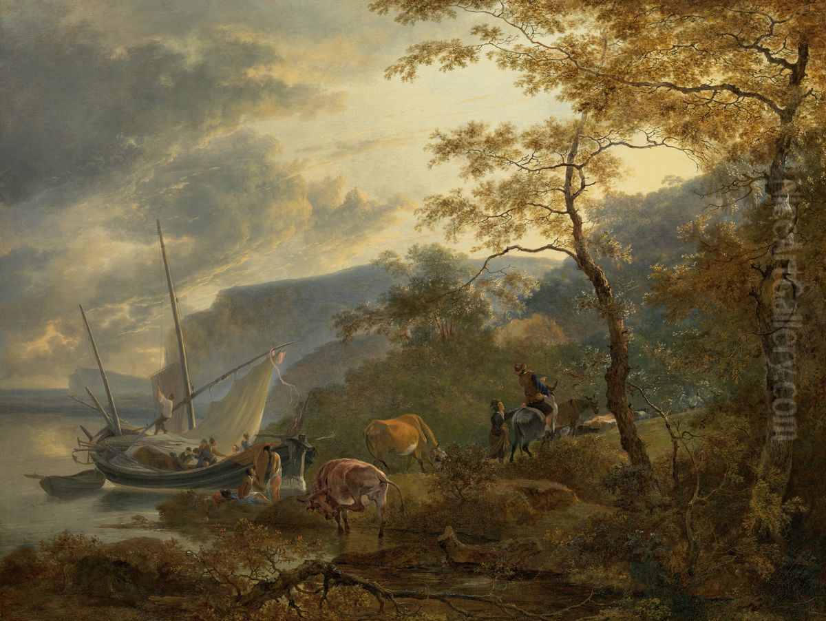 Southern Hilly Coast with a Sailing Vessel. Oil Painting by Adam Pynacker