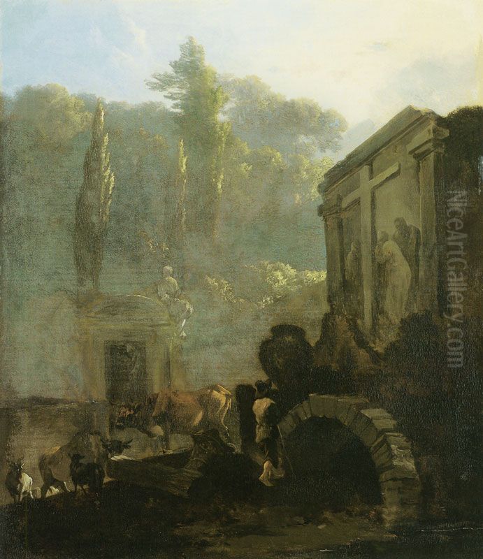 Italian cemetery with a shepherd and cattle Oil Painting by Adam Pynacker