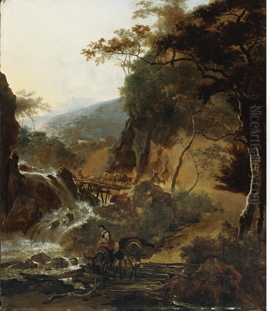 Italianate mountain landscape with shepherds and cattle at a waterfall Oil Painting by Adam Pynacker