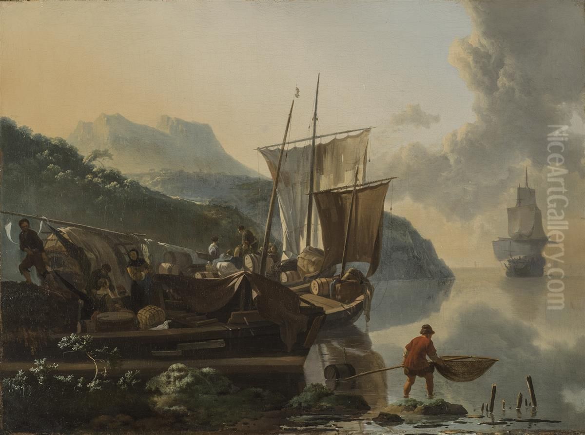 River Barges by an Italian Shore Oil Painting by Adam Pynacker