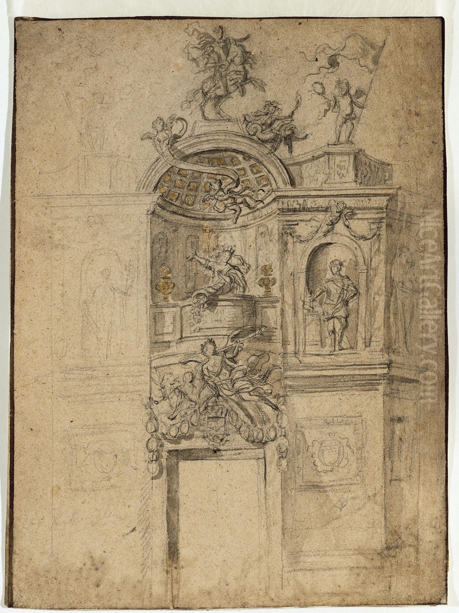 Ontwerp van een triomfboog met een nis als centraal motief en allegorische figuren Oil Painting by unknown