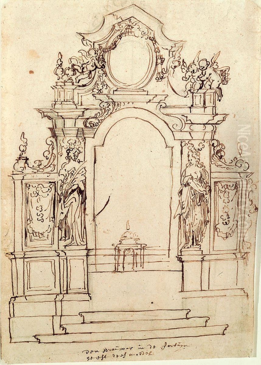 Ontwerp voor een portiekaltaar met zijpanelen, waarschijnlijk voor de voormalige Sint-Walburgiskerk te Antwerpen Oil Painting by Pieter Scheemaeckers