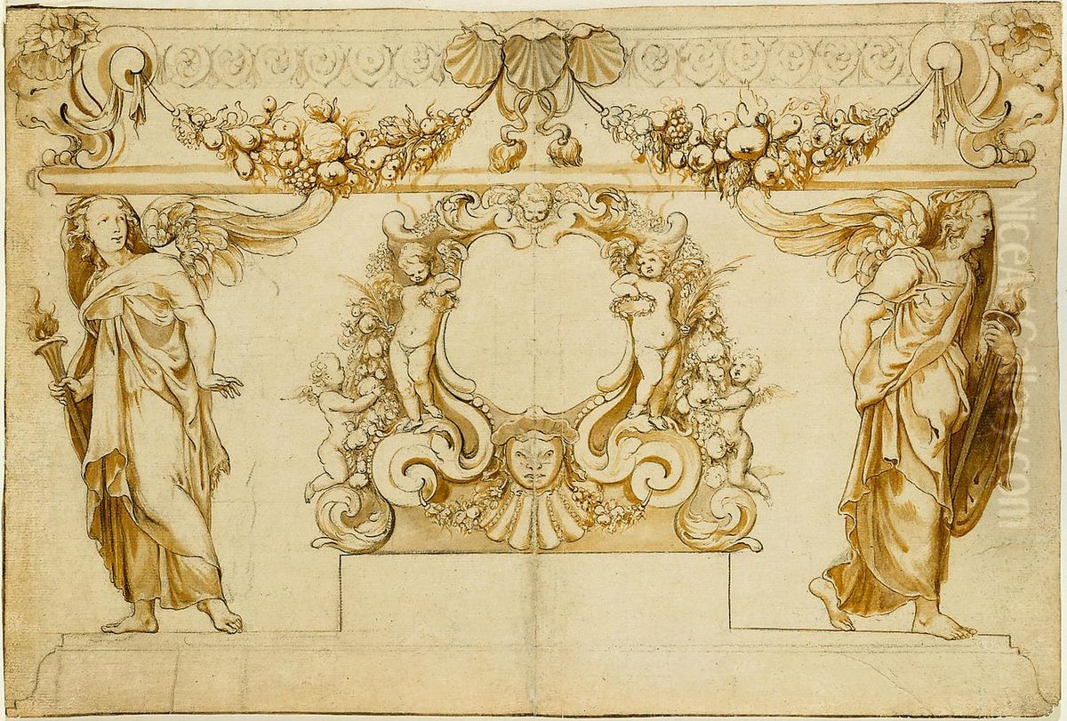 Figuratieve decoratie met cartouche in het midden Oil Painting by unknown