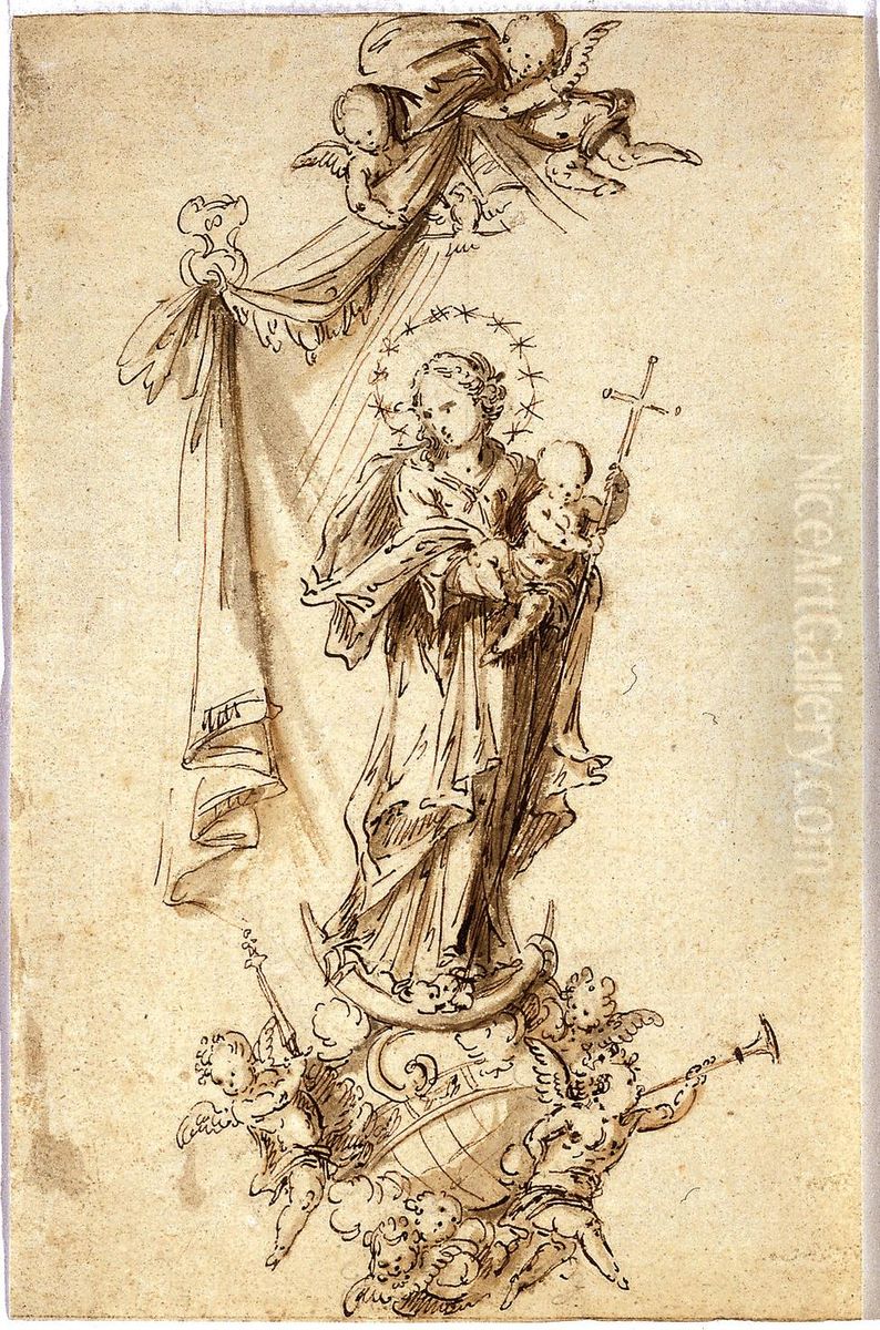 Tableau de la Sainte Vierge avec Enfant sur faucille et globe terrestre Oil Painting by Willem Ignatius Kerricx