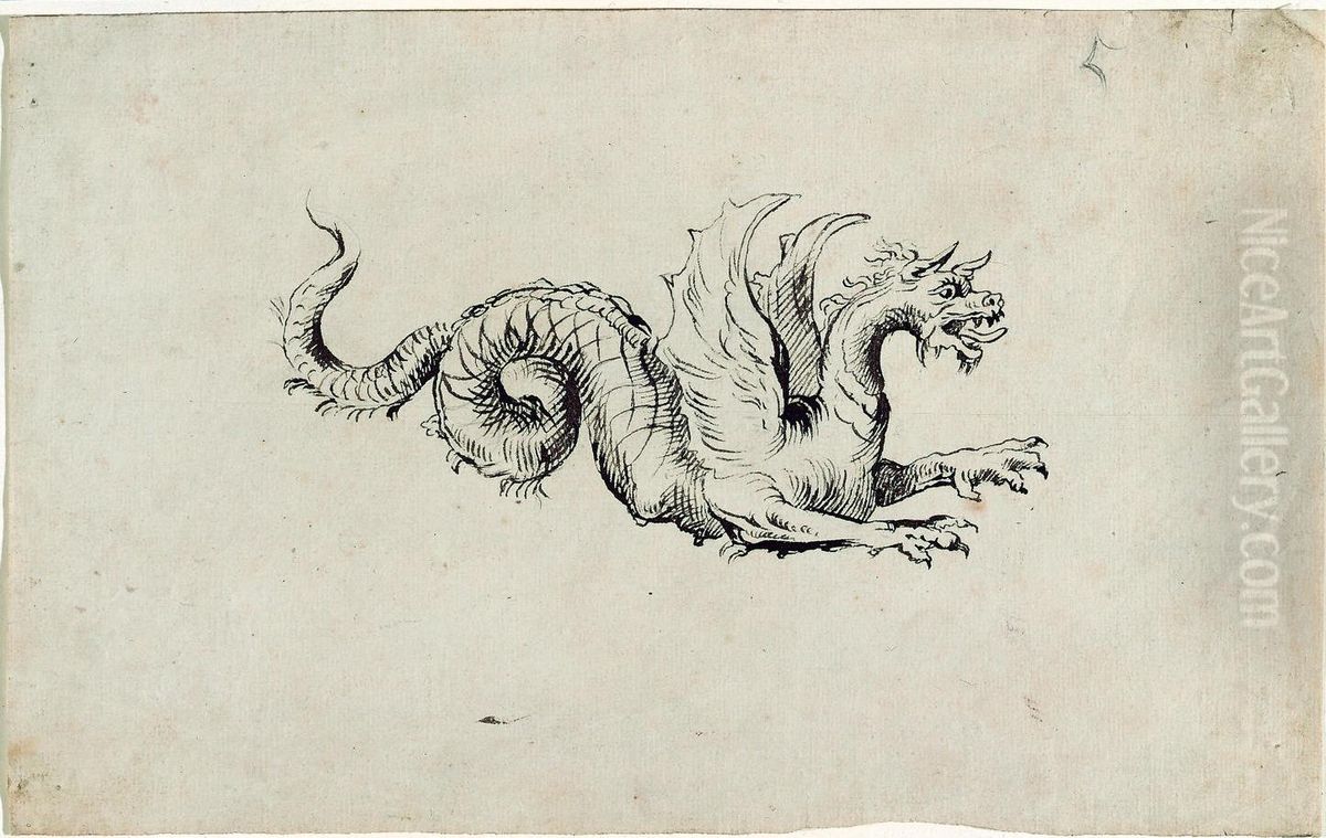 Gevleugelde draak met kronkelende staart Oil Painting by unknown