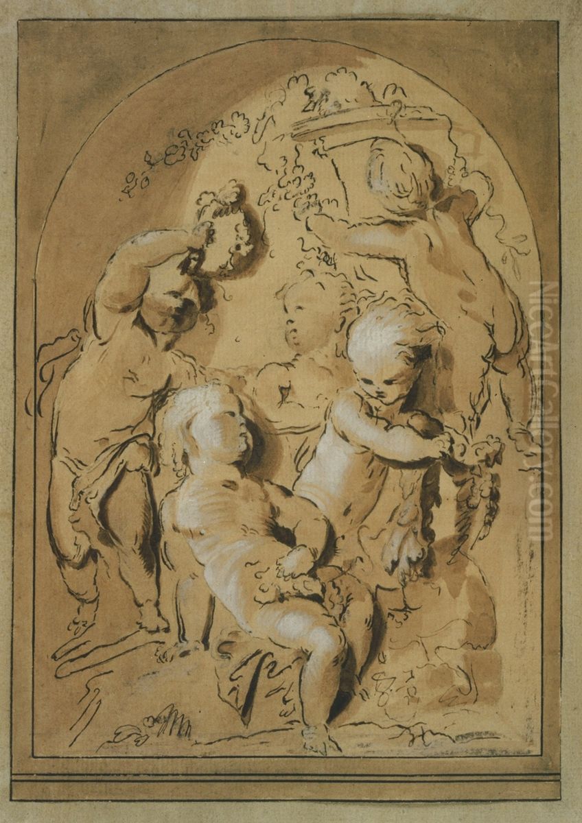 Design for a grisaille with five putti Oil Painting by Jacob de Wit