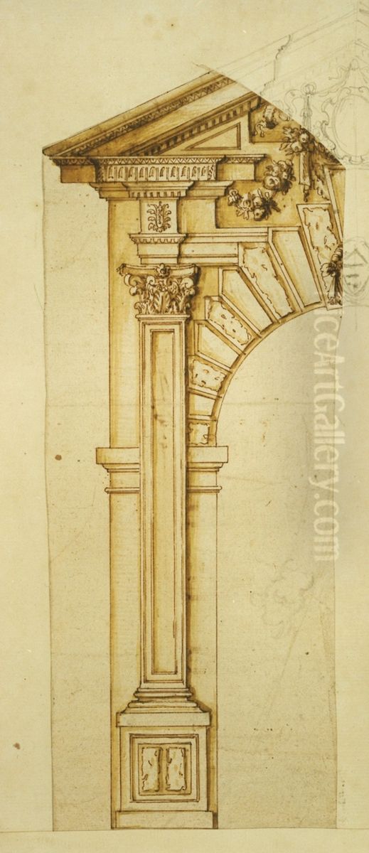 Ontwerp voor een deuromlijsting met rondboog en fronton Oil Painting by unknown