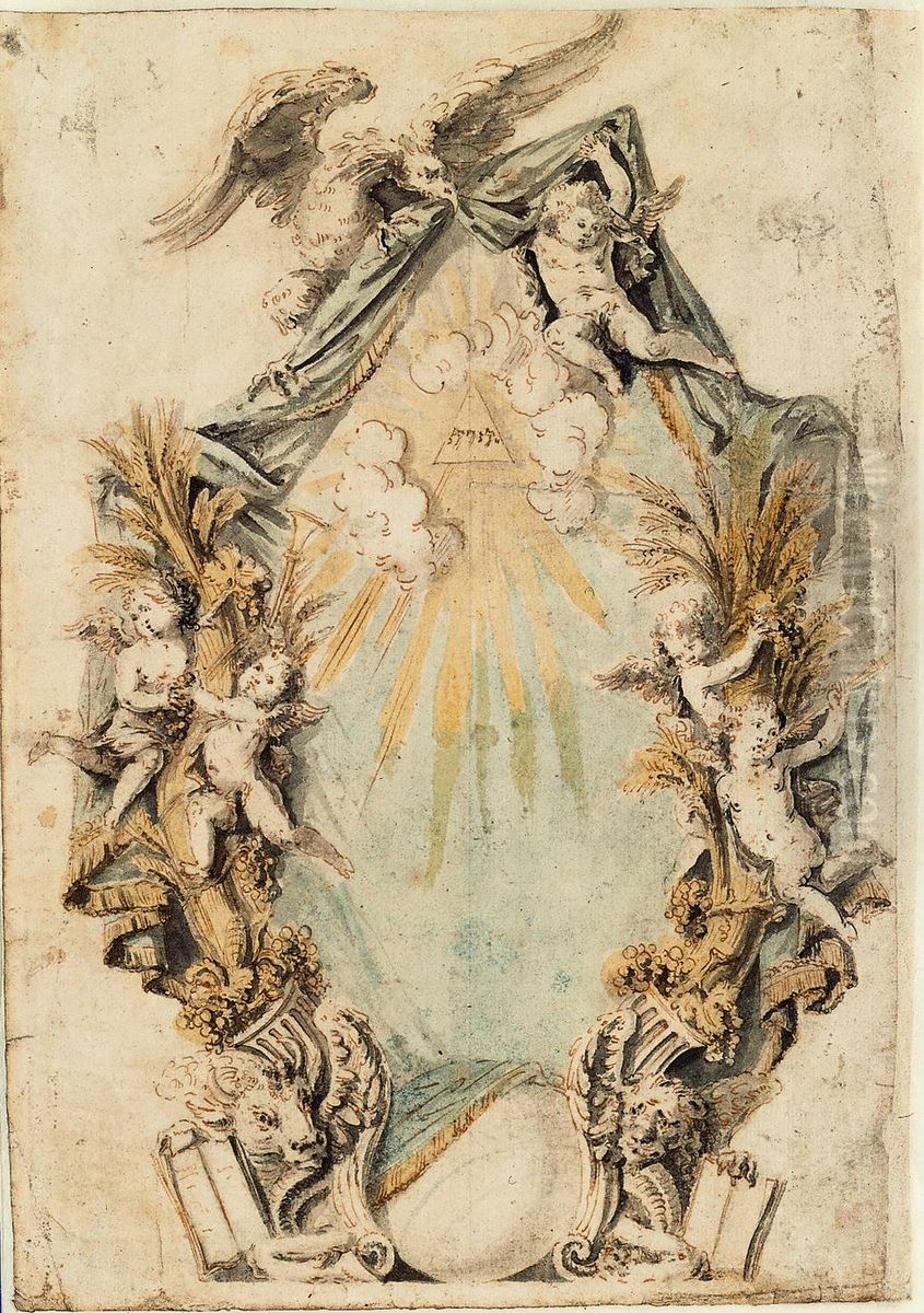 Troon met evangelistensymbolen en engeltjes, 1713 (?) Oil Painting by Willem Ignatius Kerricx