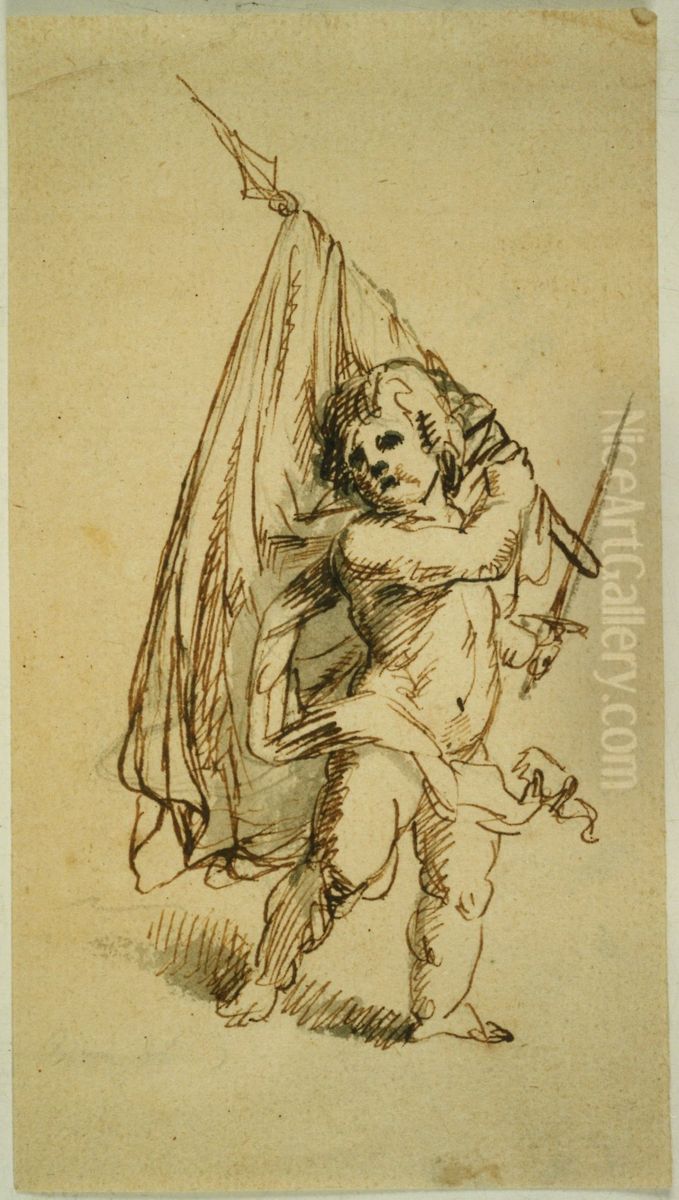 Putto avec drapeau et epee Oil Painting by unknown