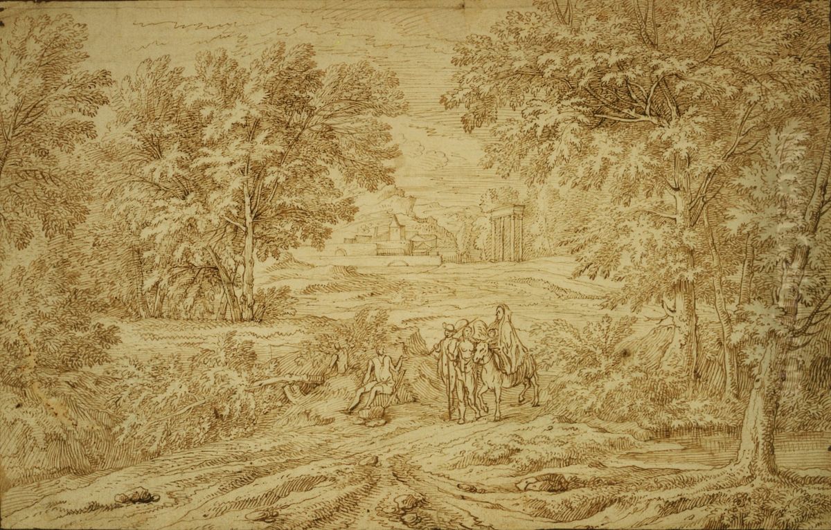 Flight of the Holy Family in an Italianate landscape Oil Painting by unknown