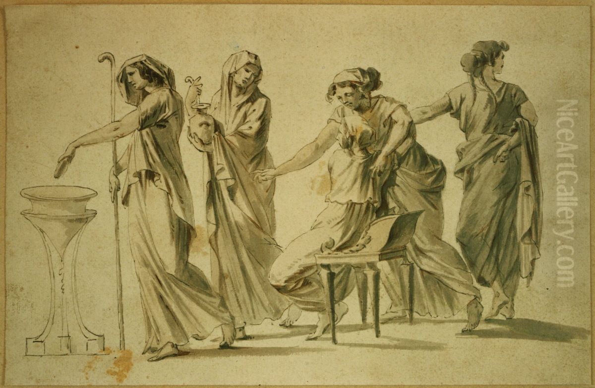 Cinq femmes en vetements romains lors d'une libation Oil Painting by unknown