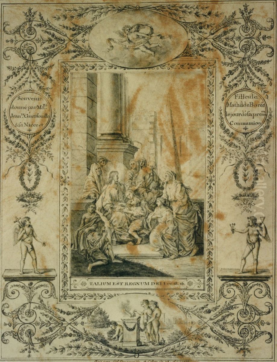 Titelblad (?) getekend ter gelegenheid van een eerste communie met de voorstelling van Christus omgeven door kinderen Oil Painting by unknown