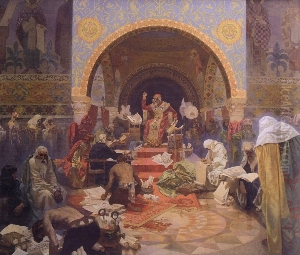 Bulharsky car Simeon: Jitrenka slovanske literatury Oil Painting by Alphonse Mucha