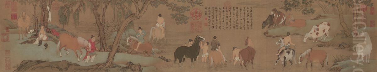 Bathing Horses Oil Painting by Zhao Mengfu