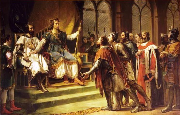 Saint Louis mediateur entre le roi d'Angleterre et ses barons (23 janvier 1264)ou 'Saint-Louis se prononcant comme arbitre a Amiens entre Henri III roi d'Angleterre et les barons anglais Oil Painting by Georges Rouget